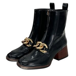 Steve Madden Womens Loreen Chunky Chained Bootie 6.5 Black Faux Patent Leather